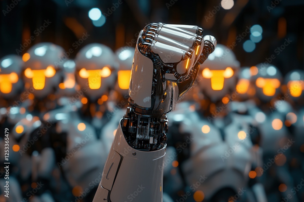 Poster illuminated robotic fist raised against a backdrop of numerous androids. symbol of ai revolution.