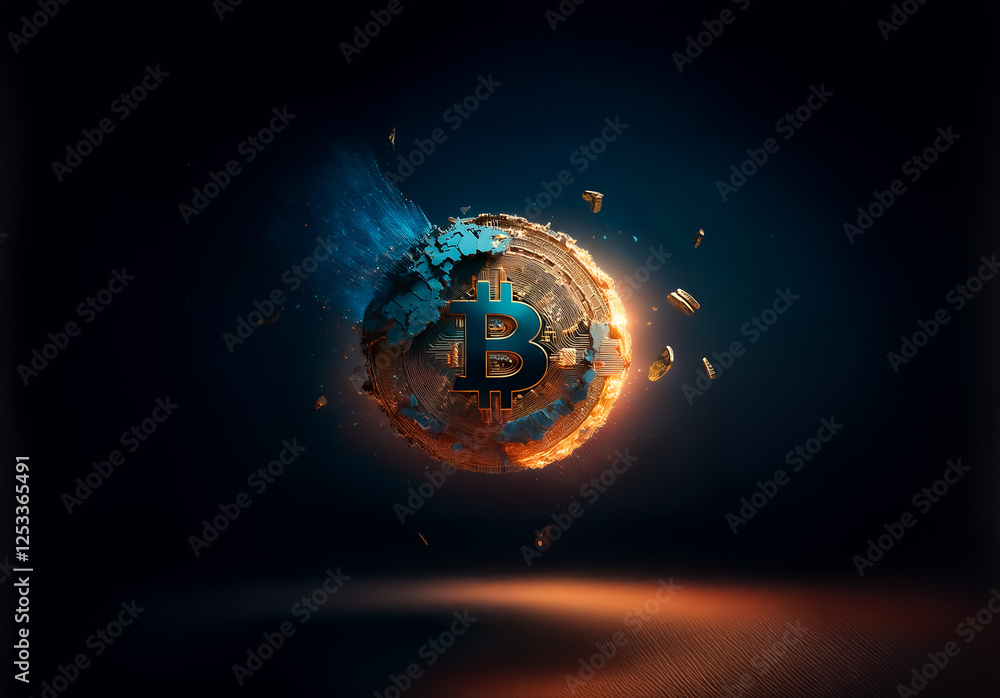 Poster Stylized globe with bitcoin symbol, blending digital currency with earth imagery, creating a vibrant and dynamic conceptual scene against a dark backdrop.