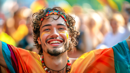 Obraz premium Happy man celebrating at Pride parade, wearing rainbow scarf and colorful face paint. Concept of LGBTQ+ pride, inclusivity, joy. Perfect for diversity campaigns, social events, equality-themed visuals