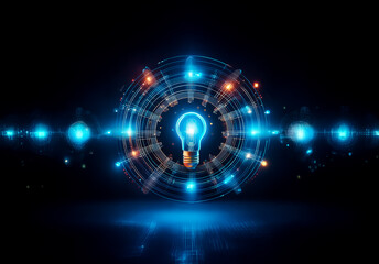 Glowing light bulb surrounded by vibrant circles and dots against a dark backdrop.  Illuminating design with a futuristic and technological feel, casting a bright reflection.