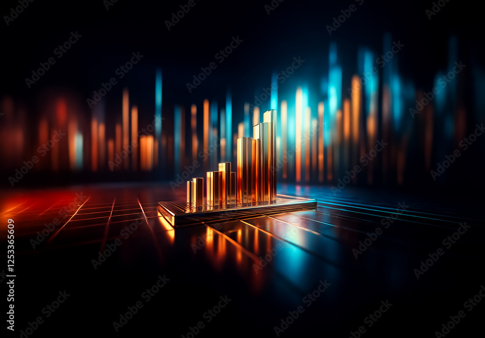 Aufkleber Golden bar graph stands prominently against a dark backdrop with blurred blue and orange lights. The bars reflect on a glossy, dark surface, creating a modern and abstract visual.