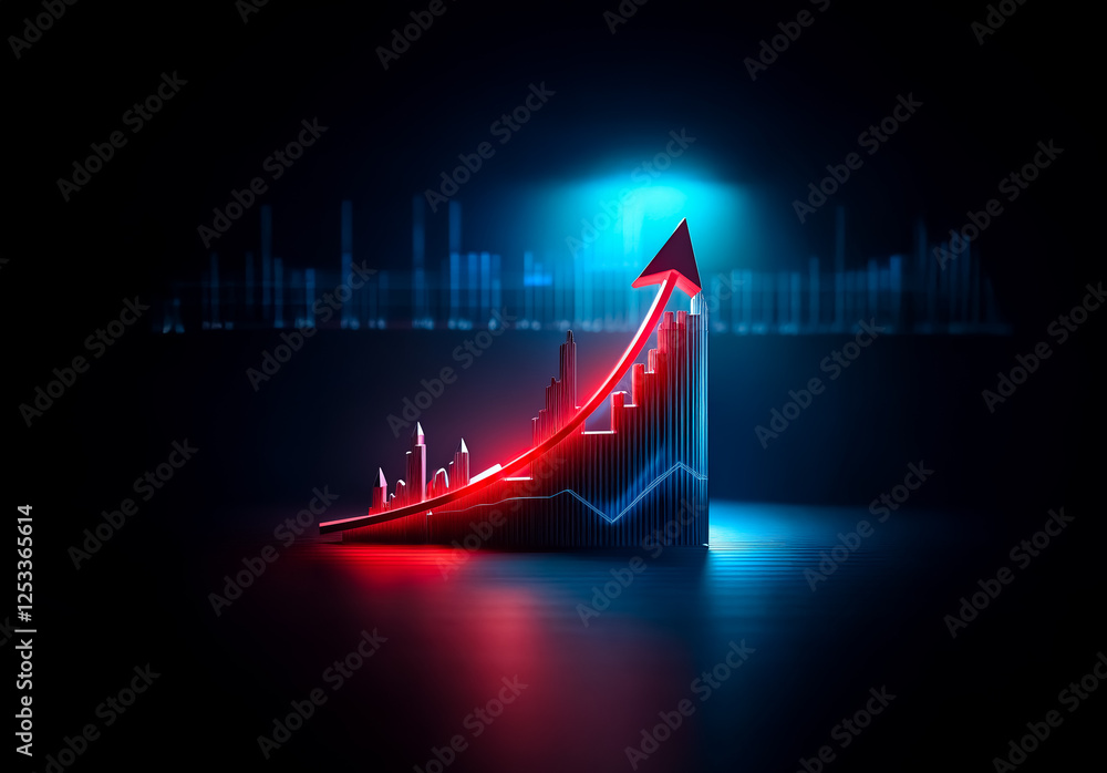 Aufkleber an illuminated red arrow ascends on a bar graph with a rising blue line against a dark backdrop, sym