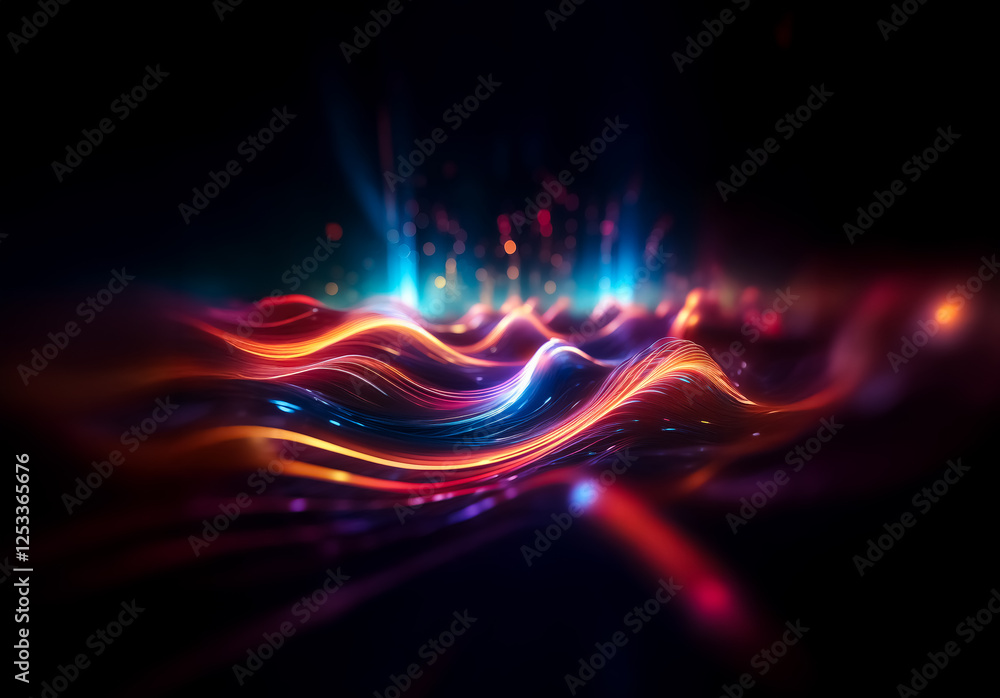 Leinwandbilder Abstract glowing waves of vibrant red, orange, and blue light flow dynamically against a dark backdrop, creating an energetic and modern visual effect.