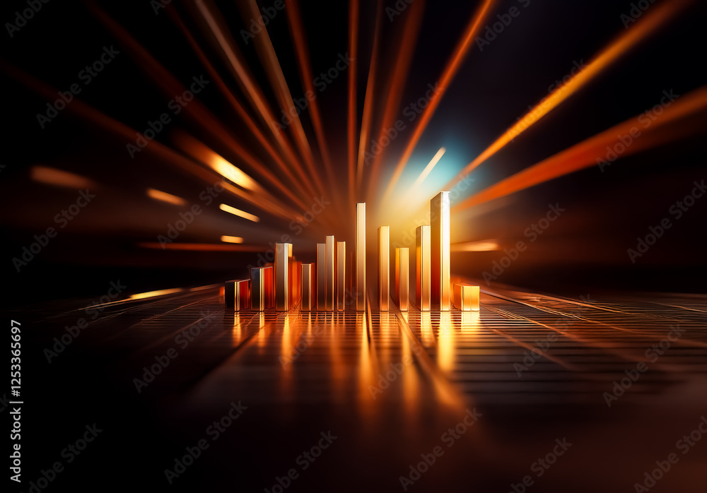 Fototapete abstract golden bars ascend in a row, illuminated by radiating light streaks on a dark backdrop, cre