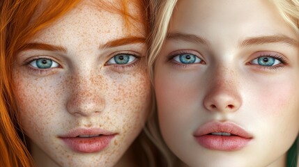 Two women with blue eyes and red hair. One has a lot of freckles. The other has a lot of makeup