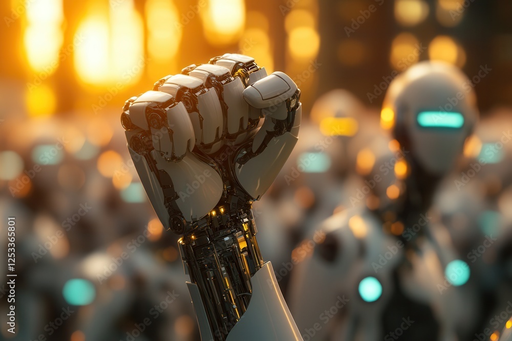 Poster illuminated robotic fist raised against a backdrop of numerous androids. symbol of ai revolution.