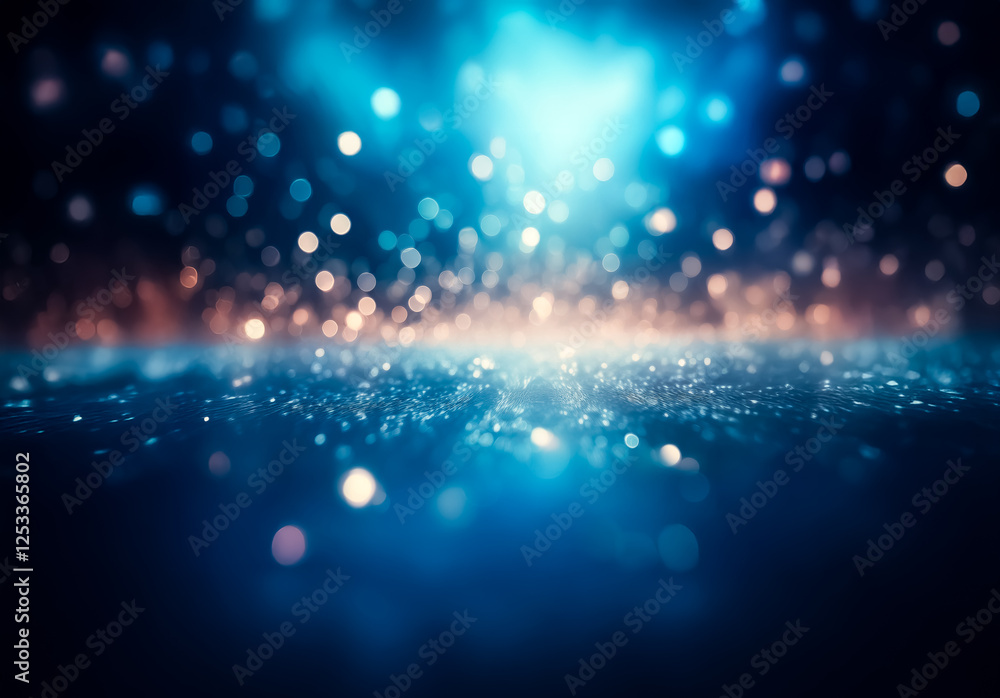 Poster abstract sparkling background with bokeh lights in blue and orange tones. glittering effect creates 