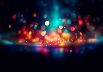 Fototapeta premium Colorful bokeh lights create a vibrant, dreamy abstract background. Blurred circles of light sparkle against the dark backdrop.