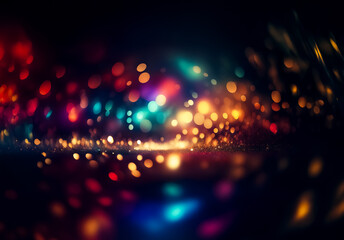 Obraz premium Abstract image of blurred colorful bokeh lights on a dark backdrop creates a dreamy, festive atmosphere. Vibrant red, orange, yellow, green, and blue lights blend together in a soft, glowing display.