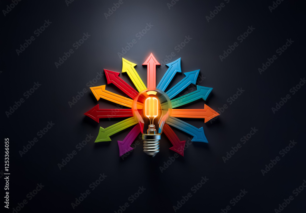 Poster Glowing lightbulb at center with colorful arrows pointing in various directions on dark backdrop, symbolizing ideas and choices.