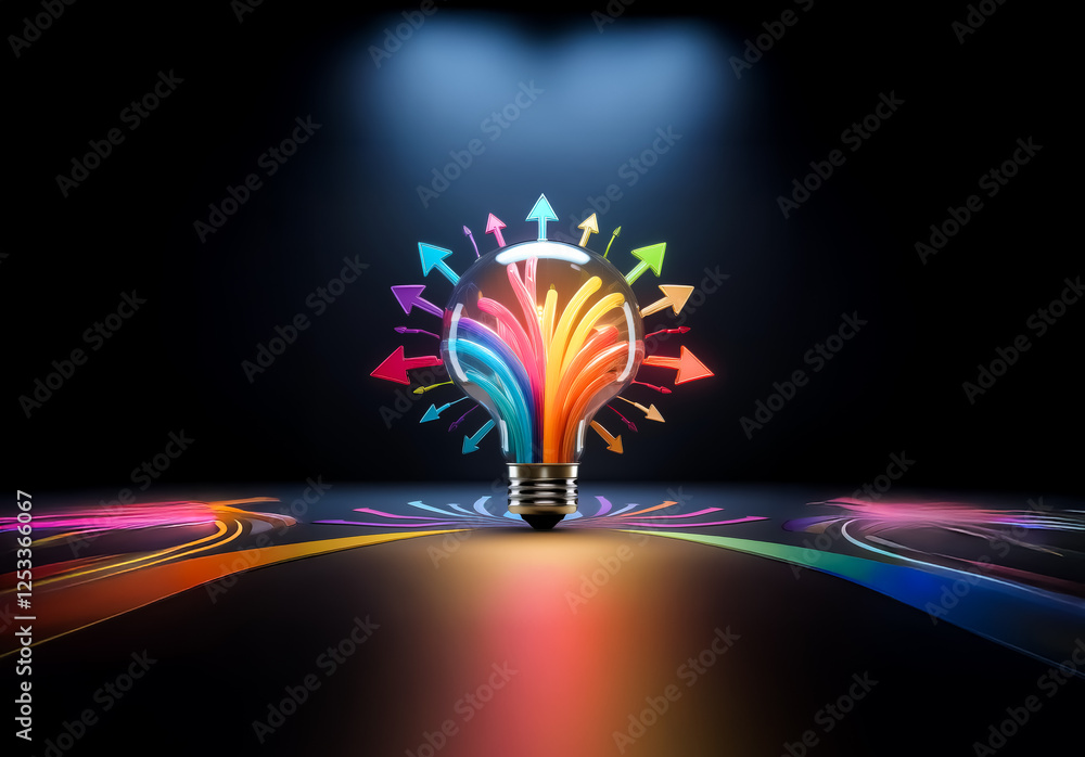 Poster a vibrant lightbulb emits colorful arrows, symbolizing ideas and creativity. illuminated paths lead 
