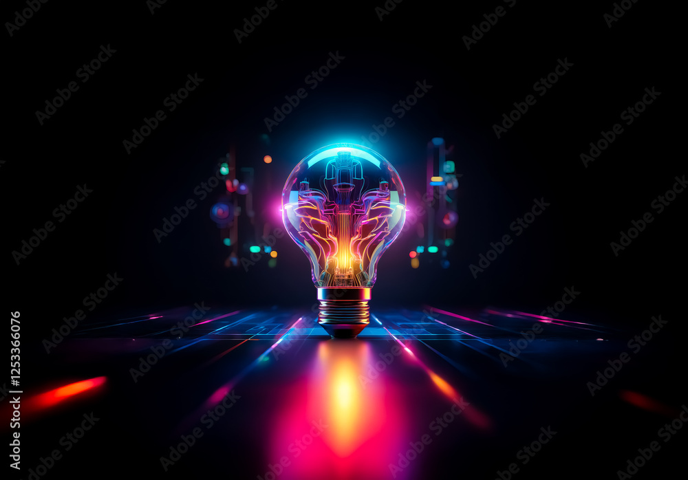 Poster a glowing light bulb emits neon lines on a dark backdrop, creating a vibrant and colorful illuminati