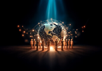 Silhouetted people stand before a glowing globe with network connections, illuminated by a beam of light. A conceptual image of global connection and technology.