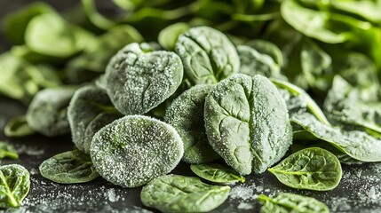 Crisp Lush Nutritious, Organically Grown Frozen Spinach Bunches with Lush Green Leaves and Nutrient-Dense Foliage