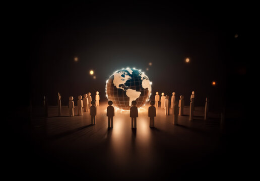 People figures encircle a bright, illuminated globe in the dark. Warm light evokes global unity and connection among a collective group.