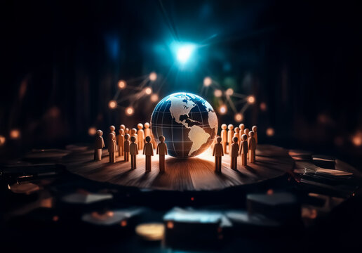 Illuminated globe centerpiece with figures encircling it, symbolizing a worldwide network.  Glowing connections in a dark, abstract, futuristic setting.