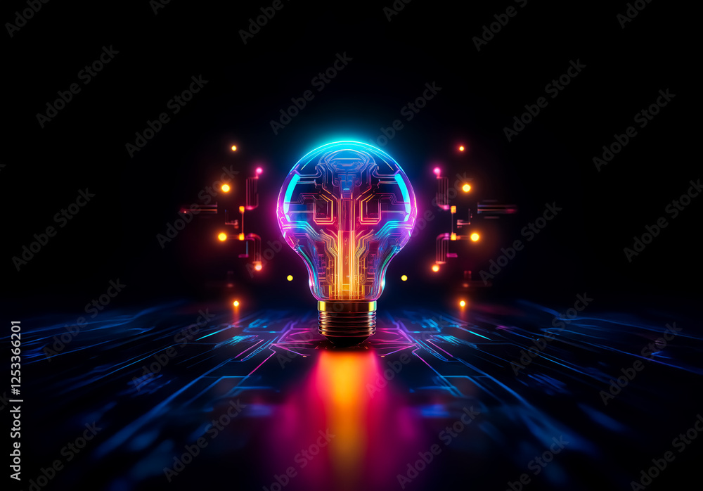 Fototapete neon light bulb with a circuit pattern inside emits vibrant neon light on a dark reflective surface 