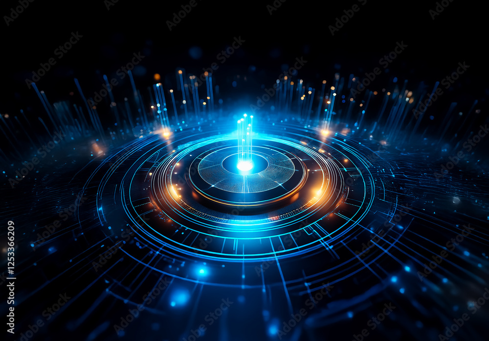 Poster a glowing futuristic structure with blue and orange lights dominates a dark backdrop. circular patte