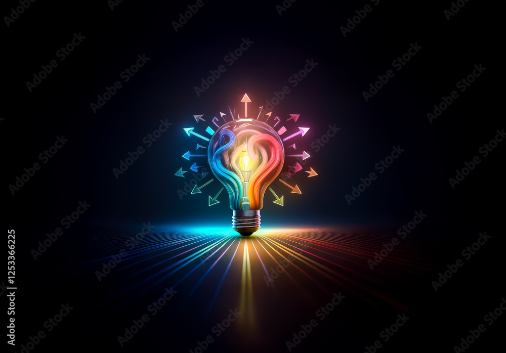 Poster illuminated light bulb with colorful arrows pointing outwards on a black background. bright rays of 