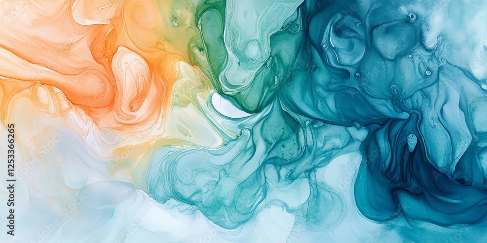 Poster abstract artwork showcasing watercolor fluid art with dynamic and gentle transitions between hues, creating a visually captivating composition that highlights the fluid a