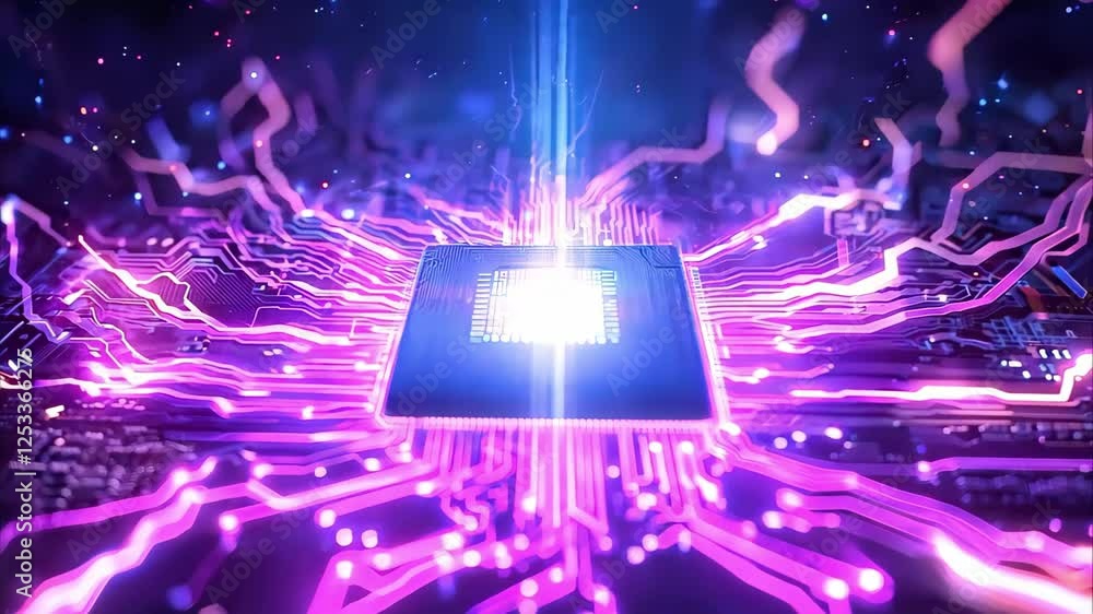 Poster a close-up of a computer chip with glowing circuits and vibrant colors, representing technology and 