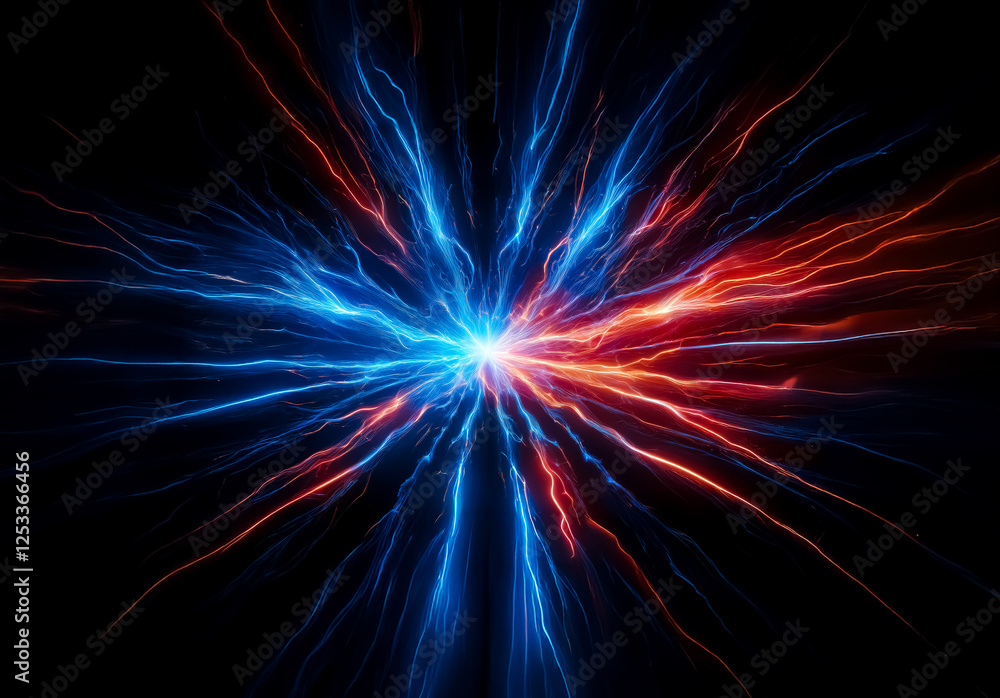 Poster vibrant blue and red energy streams erupt from a central point, creating a dynamic and abstract disp