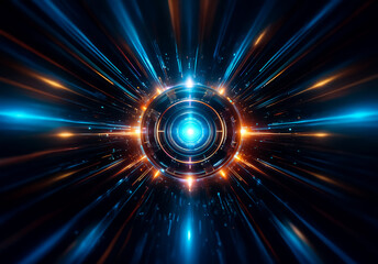 Obraz premium Abstract, vibrant energy bursts from a central glowing circle. Blue and orange light beams radiate outwards in a dynamic, symmetrical, and futuristic design against a dark backdrop.