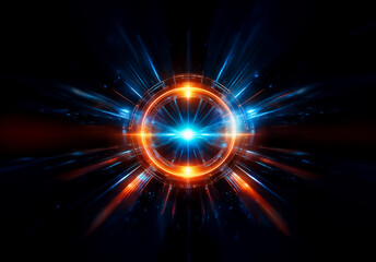 Fototapeta premium A vibrant, circular light form radiates bright blue and orange beams against a dark background. It evokes energy and a sense of powerful, focused illumination.