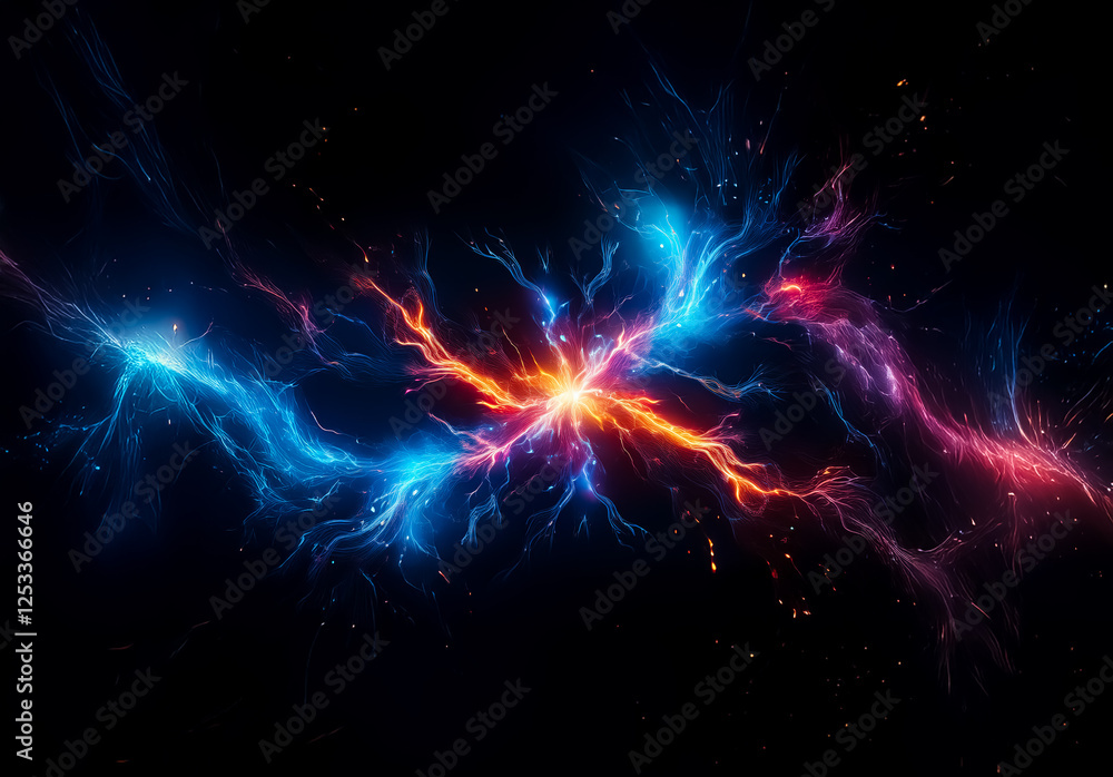 Poster vibrant energy bursts from a central point, radiating blue and red streams against a stark black bac
