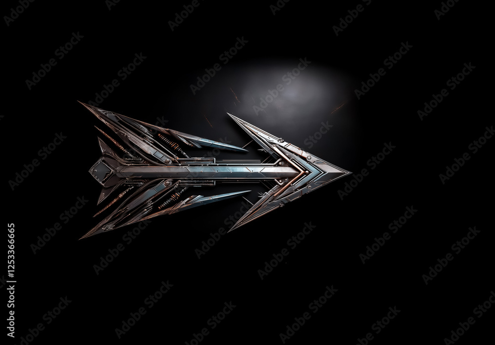 Poster A metallic, futuristic arrow design with sharp angles and pointed edges is centered against a stark black backdrop, emphasizing its isolated and modern form.