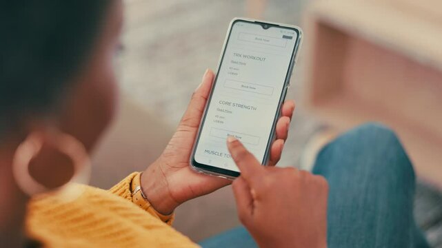 Phone screen, hands and woman with fitness app, New Years resolution and homepage. Applying, closeup or person with cellphone, gym subscription or online reading for training schedule or website info