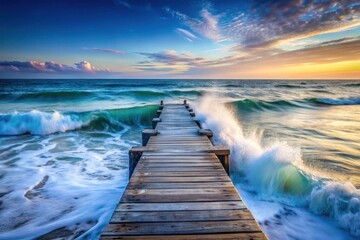 Obraz premium Wooden walkway extending into a vibrant ocean scene at sunrise, with powerful waves crashing around its sturdy structure, a breathtaking display of nature's power and serenity.