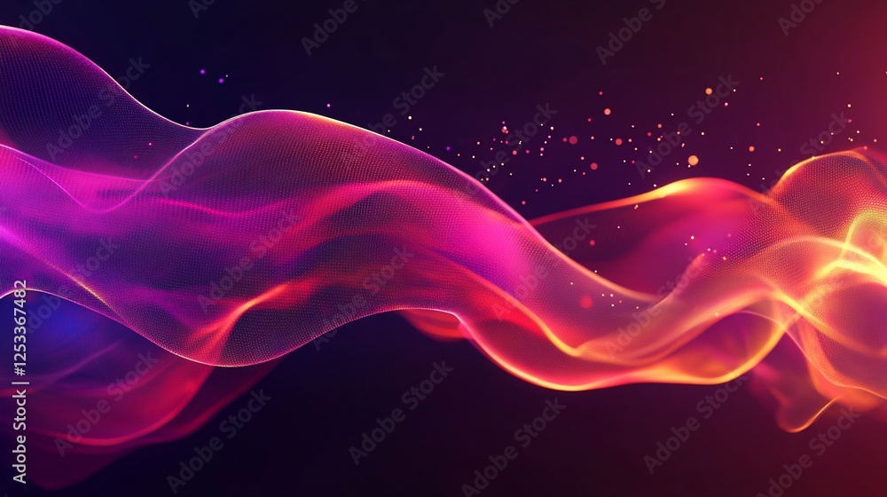 Poster abstract fluid wave pattern with particles in shades of purple and orange on dark background