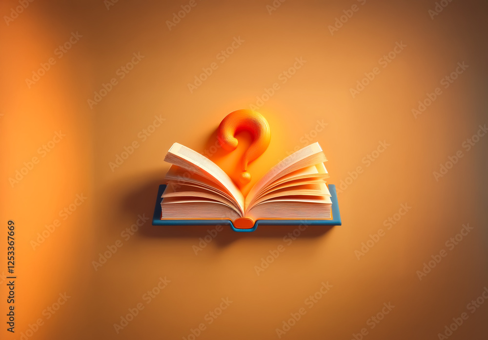 Aufkleber open book with a floating question mark symbolizes knowledge seeking and curiosity. warm orange back
