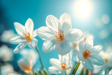 Delicate white spring flowers against bright blue sky with warm sunlight. Concept of renewal, nature’s beauty, seasonal freshness. Perfect for spring themes, organic branding, and spring holidays