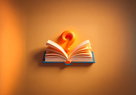 Open book with a floating question mark symbolizes knowledge seeking and curiosity. Warm orange background and soft lighting enhance the conceptual image.