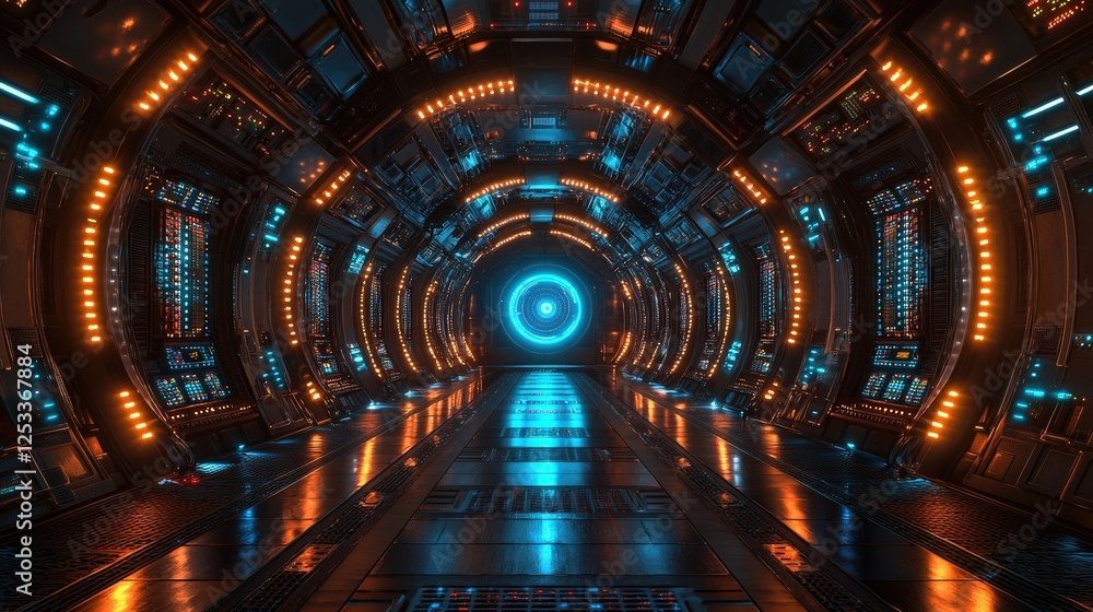 Poster futuristic data center with lined racks and glowing lights in a high-tech environment