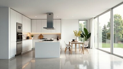 Modern Minimalist Kitchen Design with Island and Sliding Glass Doors to a Lush Garden