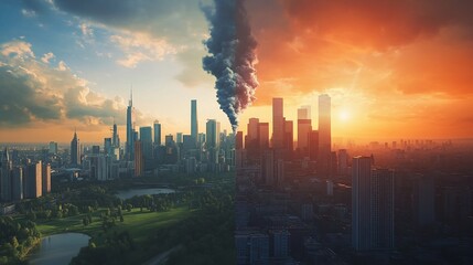 A divided cityscape contrasts a clear sky and green space against polluted urban sprawl with sunset
