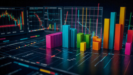 Tablet displaying colorful bar graphs with a backdrop of data analysis.