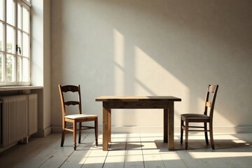 Rustic wooden table and chairs bathed in warm sunlight, minimalist interior design aesthetic, peaceful and serene atmosphere