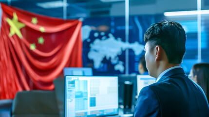 Chinese businessman working in high-tech office with data screens and Chinese flag. Concept of Chinese business, technology, economic growth. Perfect for finance and international trade themes