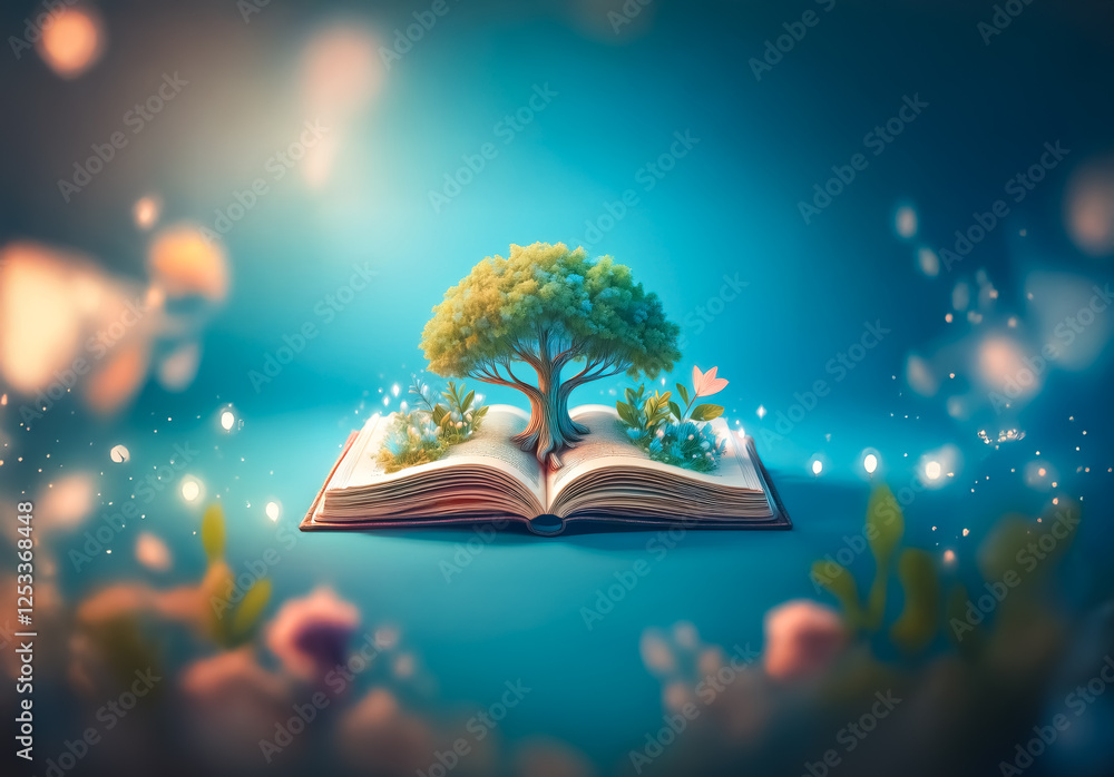 Poster a magical scene of a tree growing from an open book, surrounded by flowers and glowing lights agains