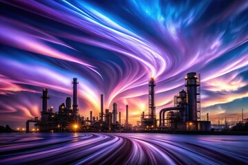 An ethereal twilight sky swirls above an industrial complex, showcasing a vibrant contrast between nature's beauty and human industry.