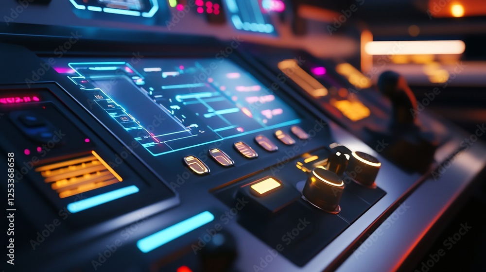 Poster futuristic control panel with illuminated buttons and digital displays