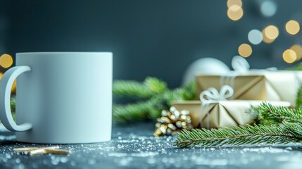 White Mug Steaming with Gifts and Evergreen Branches on Dark Surface