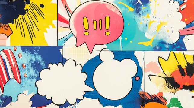 Comic books dialog bubbles. Cartoon book superhero scrapbook page template, empty comical speech clouds, graphic art frame layout template illustration. Pop art background with blank balloons