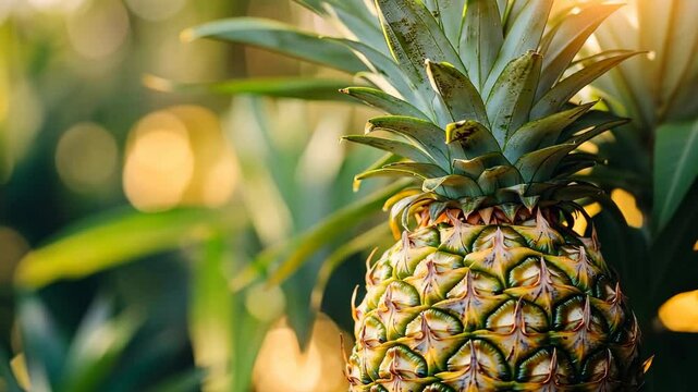 Fresh pineapple fruit growing in plantation field in farm. Pineapples. Tropical fruit grows in the orchard landscape at sunset time. Ananas comosus plant. Farming and industrial agriculture concept.