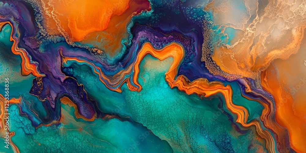 Aufkleber abstract image featuring resin art with fluid and glossy patterns that merge and flow across the canvas, incorporating rich, vibrant colors and textures to produce a stri