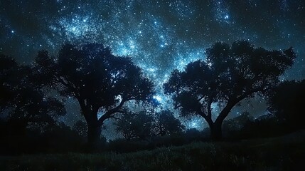 Fototapeta premium A stunning night sky filled with stars, viewed from a peaceful countryside setting with silhouettes of trees